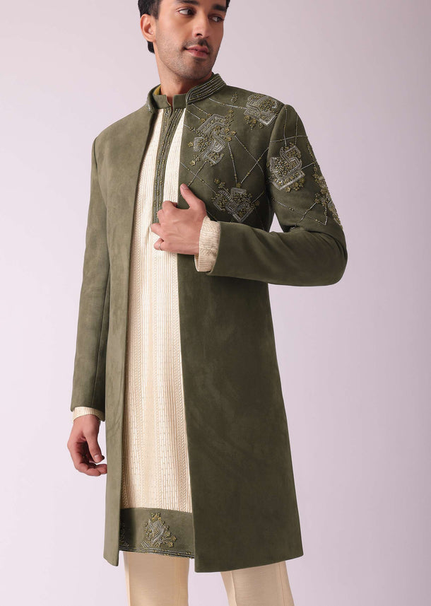 Green Embroidered Indowestern In Velvet