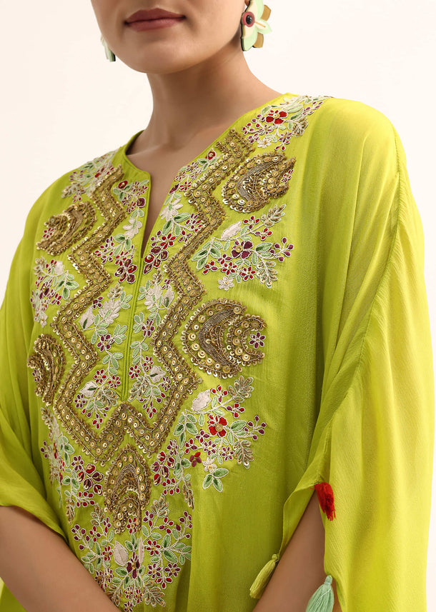 Green Embroidered Kaftan Kurta Set
