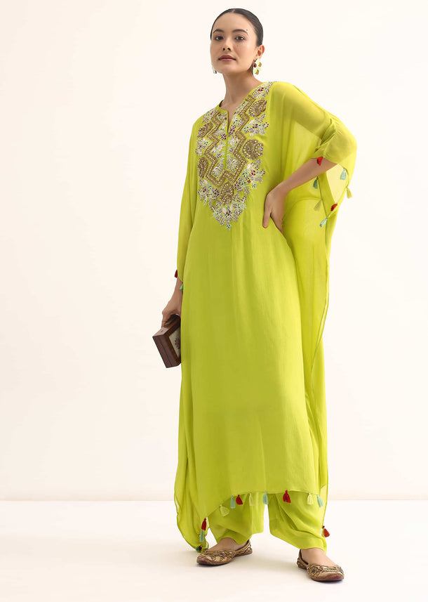 Green Embroidered Kaftan Kurta Set