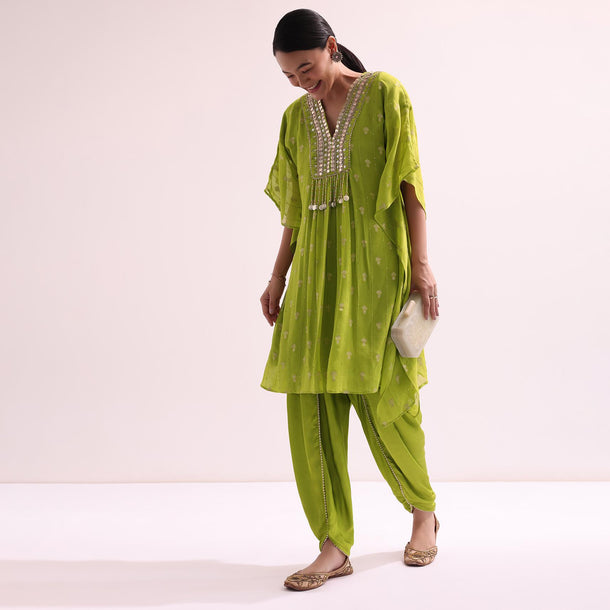 Green Embroidered Kurta And Dhoti