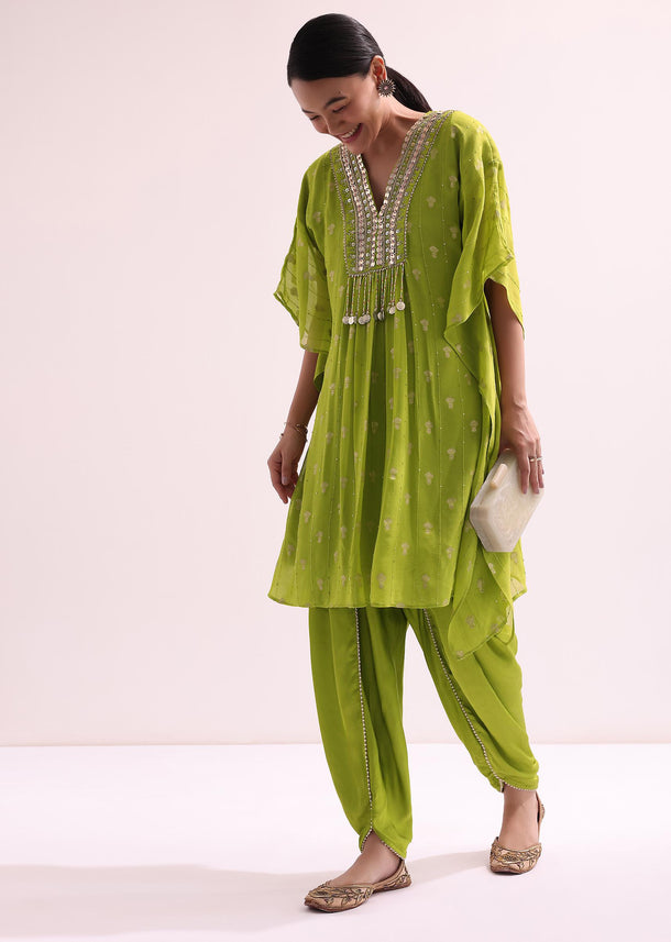 Green Embroidered Kurta And Dhoti