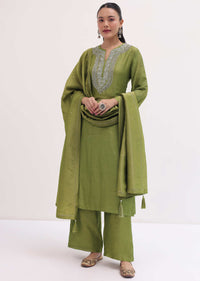 Green Raw Silk Embroidered Kurta Pant Set