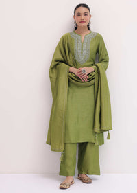 Green Raw Silk Embroidered Kurta Pant Set