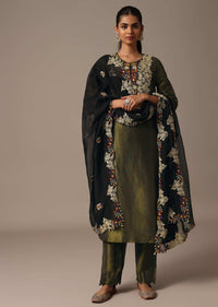 Green Embroidered Kurta Pant Set With Dupatta