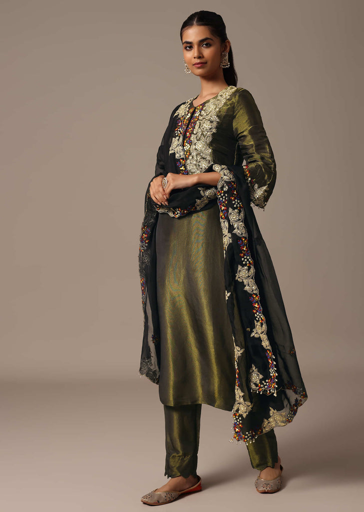 Green Embroidered Kurta Pant Set With Dupatta