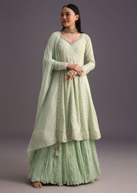 Green Embroidered Kurti With Banarasi Weave Skirt And Butti Work Dupatta