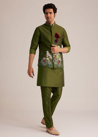 Green Embroidered Nehru Jacket With Bird Detailing