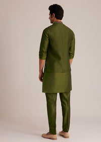 Green Embroidered Nehru Jacket With Bird Detailing