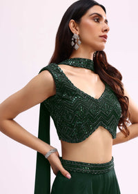 Green Embroidered Net Crop Top And Palazzo Set