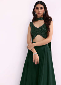 Green Embroidered Net Crop Top And Palazzo Set