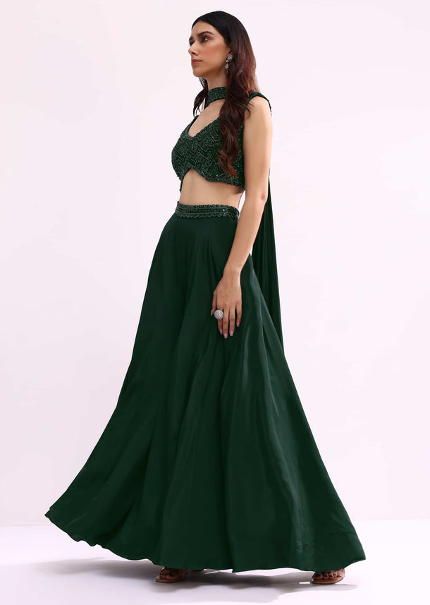 Green Embroidered Net Crop Top And Palazzo Set