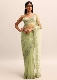 Green Embroidered Net Saree With Unstitched Blouse