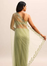 Green Embroidered Net Saree With Unstitched Blouse