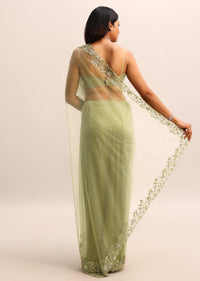 Green Embroidered Net Saree With Unstitched Blouse