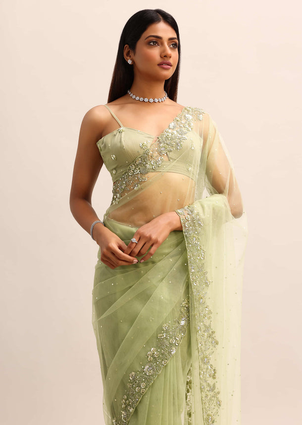 Green Embroidered Net Saree With Unstitched Blouse