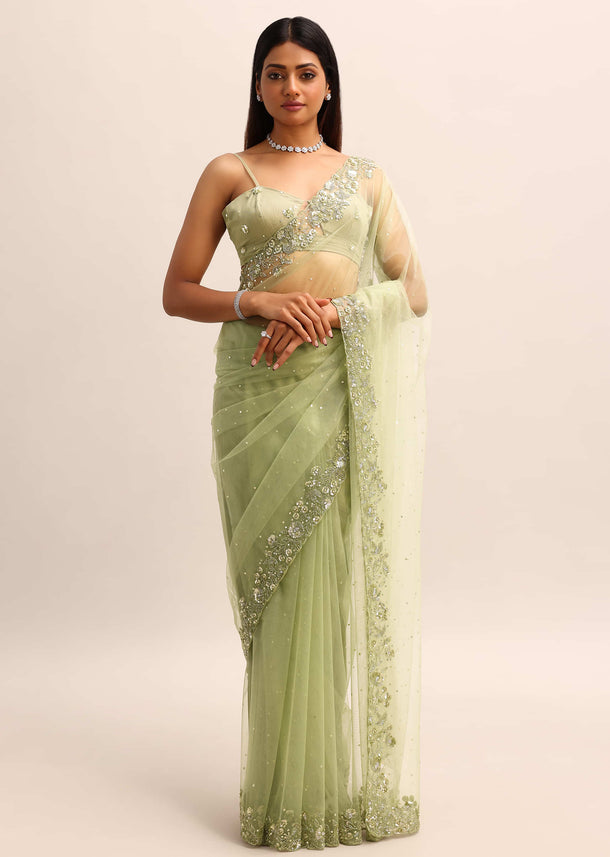 Green Embroidered Net Saree With Unstitched Blouse