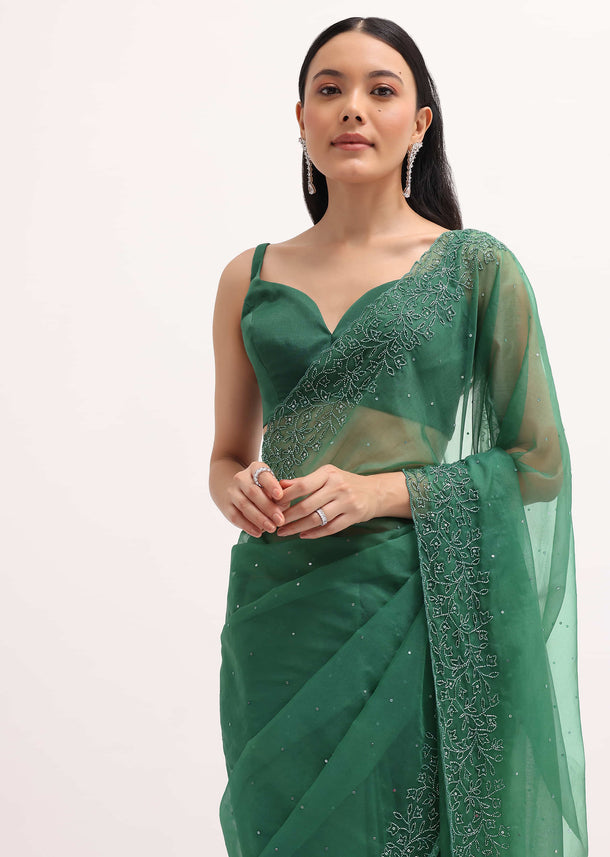 Green Embroidered Organza Saree With Unstitched Blouse