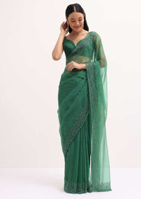 Green Embroidered Organza Saree With Unstitched Blouse