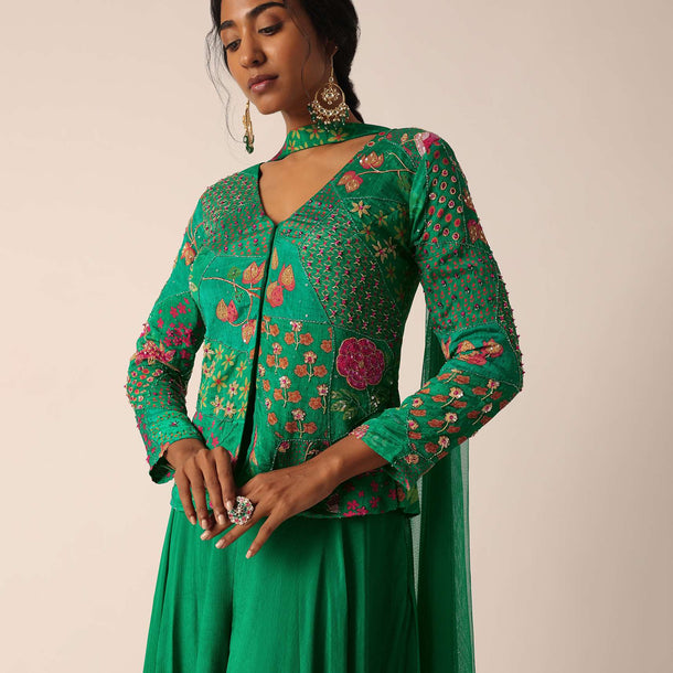 Green Embroidered Palazzo Set With Floral Motif Work