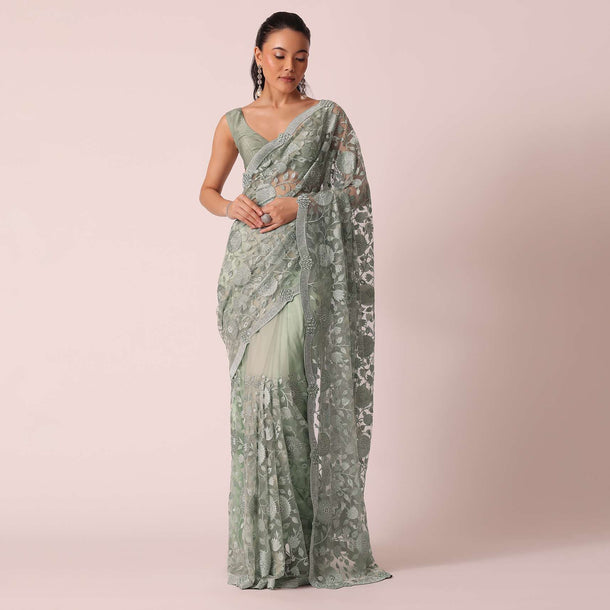 Green Embroidered Saree With Floral Motifs And Unstitched Blouse Piece