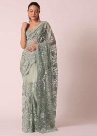 Green Embroidered Saree With Floral Motifs And Unstitched Blouse Piece