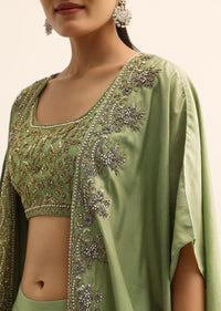 Green Embroidered Silk Croptop With Jacket And Dhoti Set