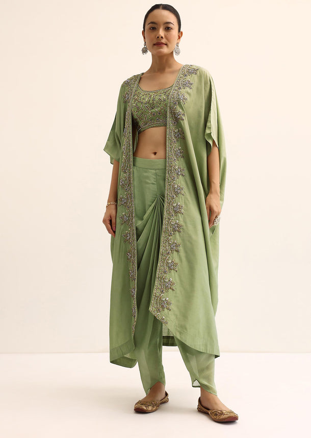 Green Embroidered Silk Croptop With Jacket And Dhoti Set