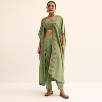 Green Embroidered Silk Croptop With Jacket And Dhoti Set