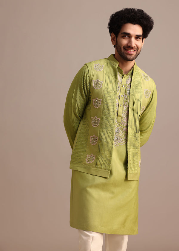 Green Embroidered Silk Kurta Jacket Set For Men