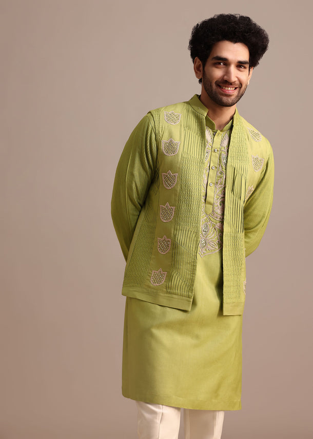 Green Embroidered Silk Kurta Jacket Set For Men
