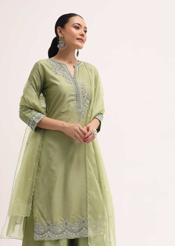 Green Embroidered Silk Kurta Palazzo Set