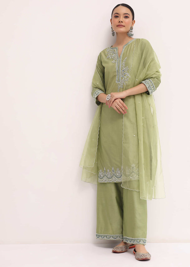 Green Embroidered Silk Kurta Palazzo Set