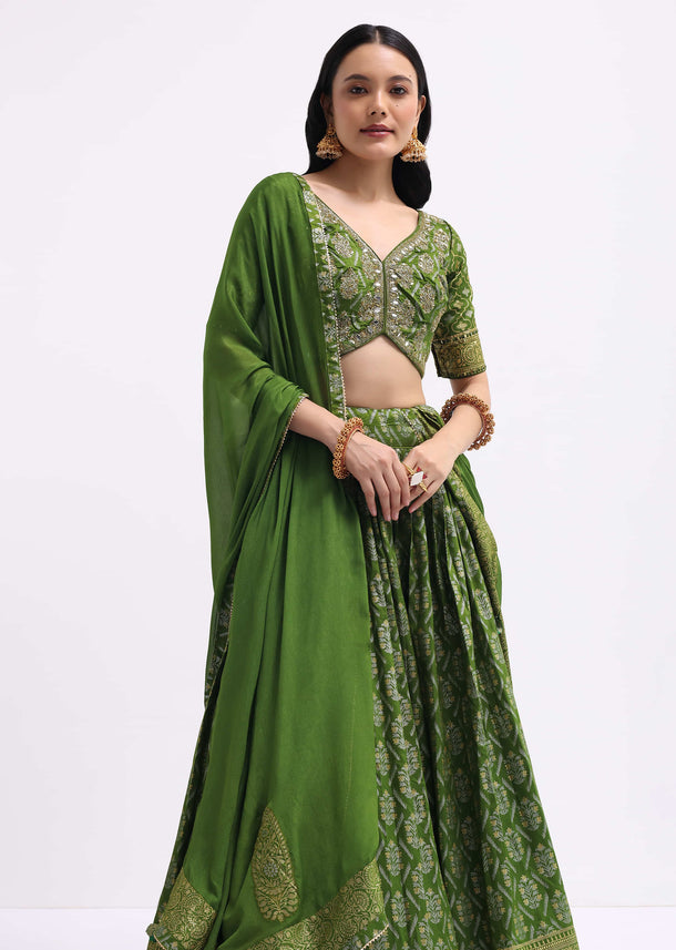 Green Embroidered Silk Lehenga Choli Set