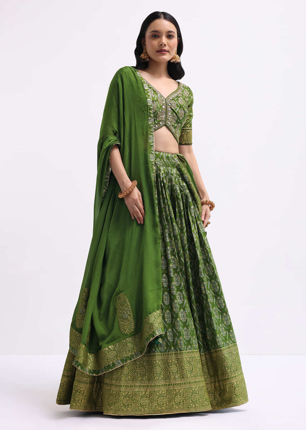 Green Embroidered Silk Lehenga Choli Set