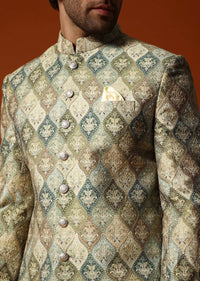 Green Embroidered Silk Sherwani Set For Men