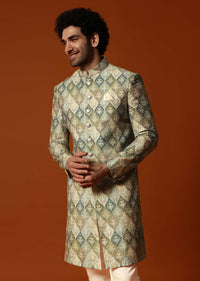 Green Embroidered Silk Sherwani Set For Men