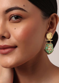 Green Enameled Danglers With Meenakari Drops