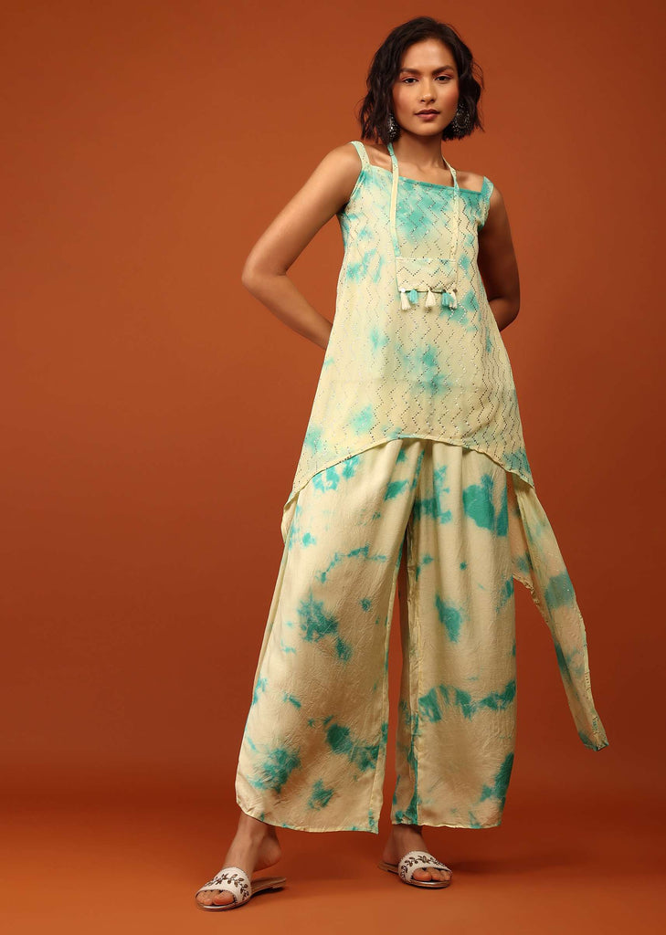 Powder Green And Aqua Tie Dye Print Co ord Set Embellished In Georgette