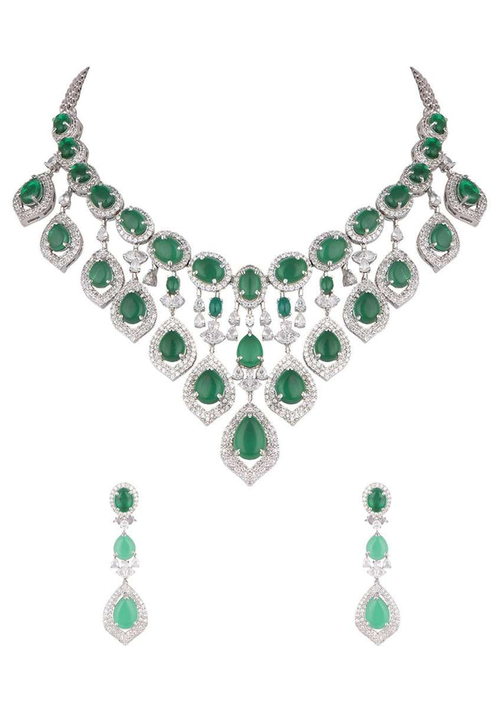Green Faux Emerald Studded Necklace And Earrings Set With Faux Diamonds In An Elegant Design By Aster
