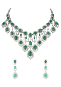 Green Faux Emerald Studded Necklace And Earrings Set With Faux Diamonds In An Elegant Design By Aster