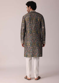 Green Festive Floral Printed Silk Kurta Set For Men