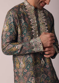 Green Festive Floral Printed Silk Kurta Set For Men