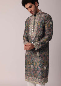 Green Festive Floral Printed Silk Kurta Set For Men