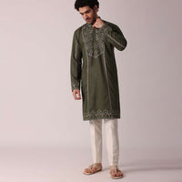 Green Festive Linen Kurta Set For Men