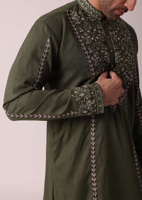 Green Festive Linen Kurta Set For Men