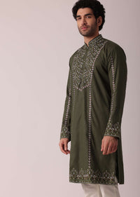 Green Festive Linen Kurta Set For Men