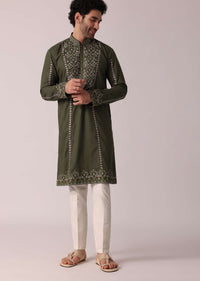 Green Festive Linen Kurta Set For Men