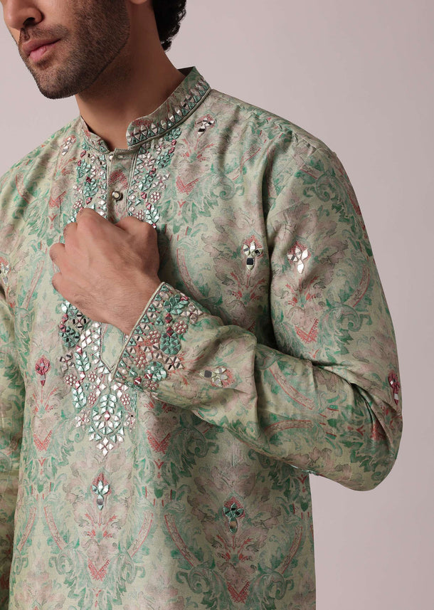 Green Festive Silk Kurta Set For Men