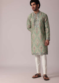 Green Festive Silk Kurta Set For Men