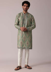 Green Festive Silk Kurta Set For Men